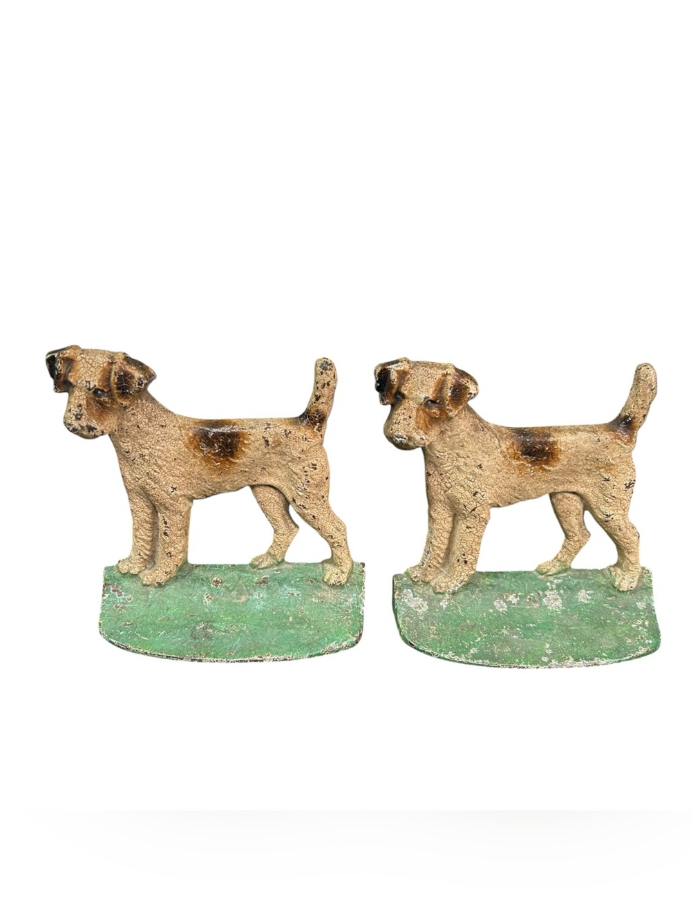 Hubley #351 Wire Hair Fox Terrier Dog Cast Iron Bookends Pair 1920s Antique